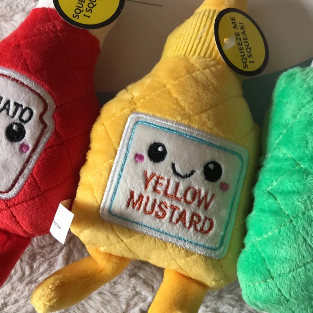 Plush Condiment Trio DOG TOYS - Red Tomato, Yellow Mustard, Green Relish